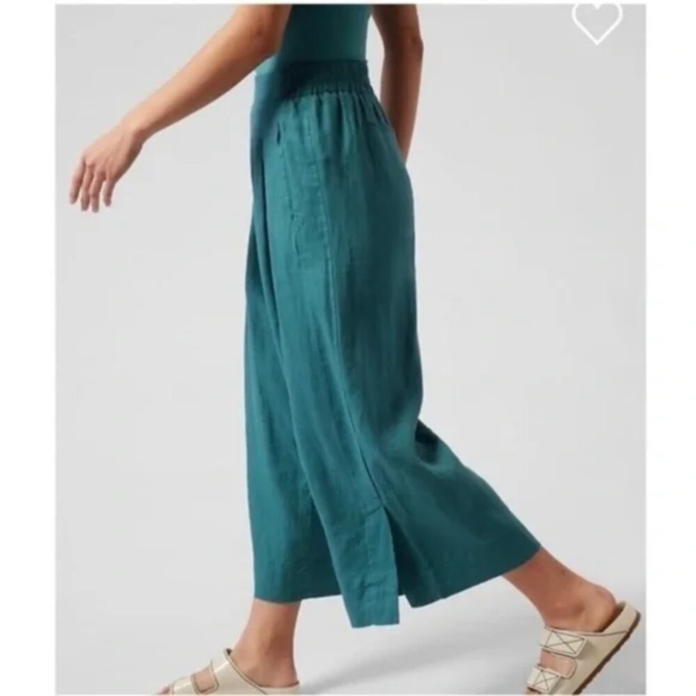 Athleta Playa Linen Wide Leg Crop Pants Pleated Borealis Green size 6 Lagenlook - Picture 5 of 12